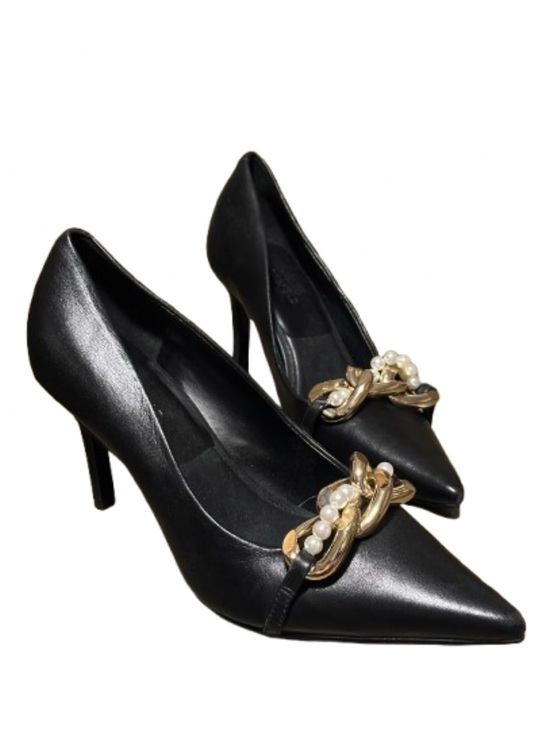 Karl Lagerfeld Shoes - Karl Lagerfeld Paris Sera Black Pointed Toe Heels Gold Chain Pearl Stiletto 9